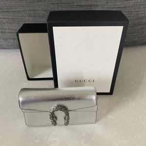 GUCCI DIONYSUS SUPER MINI BAG Silver Calfskin Leather Gunmetal Straps Fabulous!